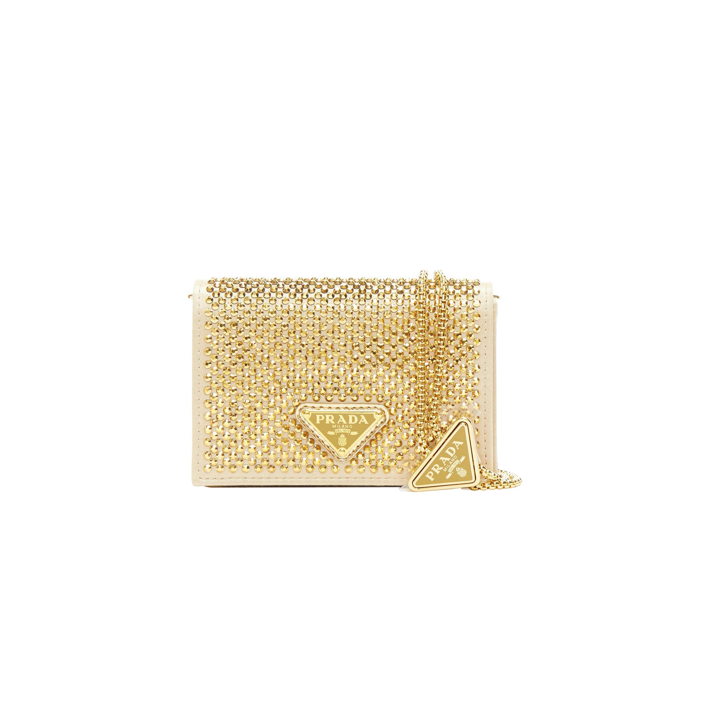 PRADA SATIN CRYSTAL METAL TRIANGLE LOGO CARD HOLDER WITH STRAP CRISTAL 1MR024  (11.5*8cm) 